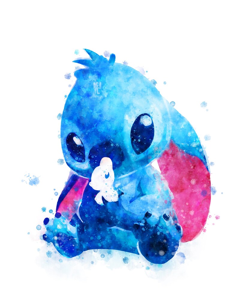 May include: A watercolour painting of Stitch, a blue alien character from the Disney film Lilo & Stitch, sitting with a white flower in his hand. The painting has a blue, pink and white colour scheme.