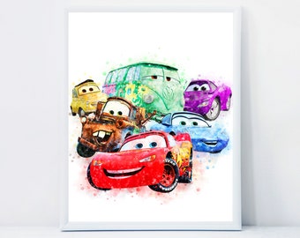 Cars Print McQueen Tow Mater Fillmore Sally Luigi Watercolor Printable Poster Cars Birthday Nursery Instant Download