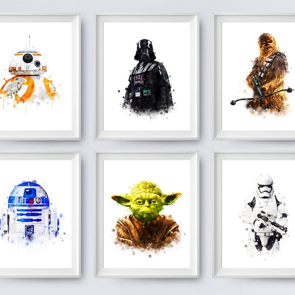 Star Wars Set 6 Yoda Darth Vader BB-8 R2D2 Chewbacca Stormtrooper Watercolor Art Print Star Wars Poster Wall Decor Digital Download