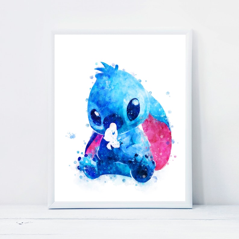 May include: Watercolour painting of Stitch from Lilo & Stitch, a blue alien with large eyes and a pink ear, holding a white flower. The painting features a blue, pink and white colour scheme.