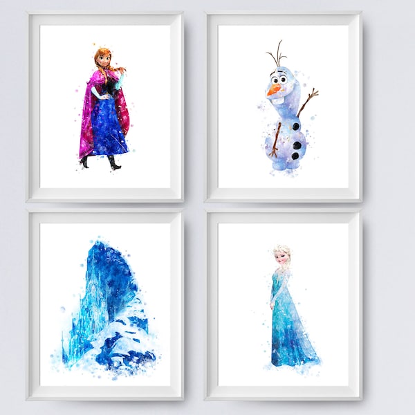 Frozen Watercolor Olaf Anna and Elsa Prints Frozen Castle Poster Princess Anna and Elsa Frozen Birthday Wall Art Kids Room Nursery Decor