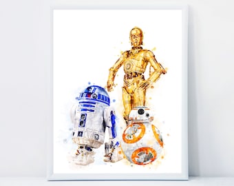BB-8 R2-D2 C3-PO 水彩アートプリント スターウォーズ ポスター