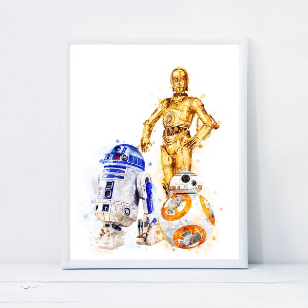 BB-8 R2-D2 C3-PO Watercolor Art Print Star Wars Poster R2-D2 Printable C3-PO Painting Wall Art Star Wars Prints Home Decor Digital Download