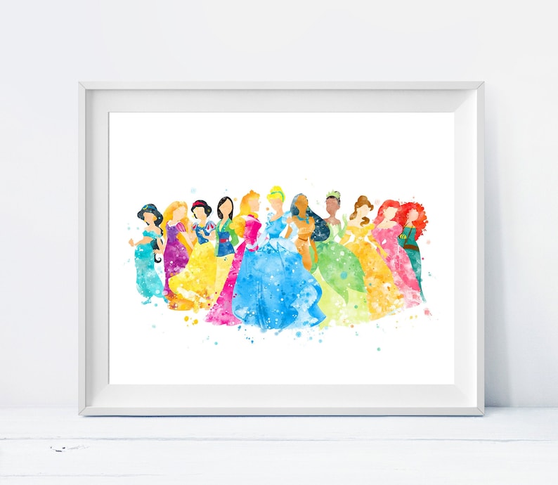 May include: Watercolor painting of Disney princesses in their iconic gowns. The princesses are arranged in a line, with Cinderella in the center. The colors are bright and vibrant, and the overall effect is whimsical and magical.
