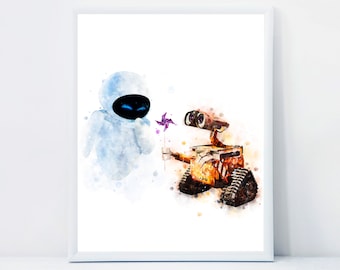 Wall-E and Eve Watercolor Painting Wall-E Print Kids Room Decor Wall-E and Eve Printable Eve Poster Wall Art Nursery Decor Instant Download