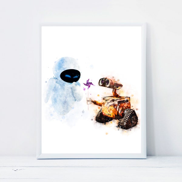Wall-E and Eve Watercolor Painting Wall-E Print Kids Room Decor Wall-E and Eve Printable Eve Poster Wall Art Nursery Decor Instant Download