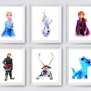 Frozen Set Of 6 Princess Anna and Elsa Print Olaf Sven Kristoff Bruni Salamander Watercolor Frozen 2 Kids Room Decor Frozen Poster Wall Art