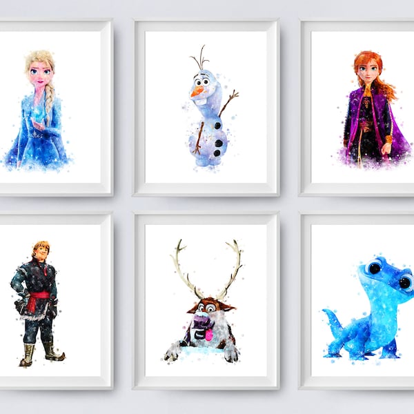 Frozen Set Of 6 Princess Anna en Elsa Print Olaf Sven Kristoff Bruni Salamander Aquarel Frozen 2 Kids Room Decor Frozen Poster Wall Art