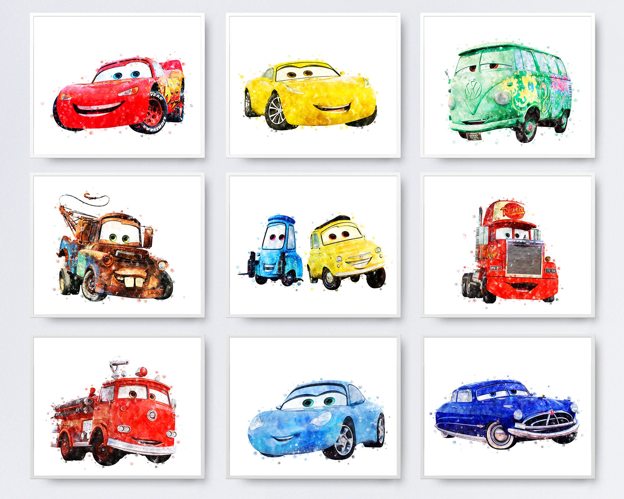 Póster de película de coches, juego de 9 fotos de acuarela (8 x 10  pulgadas) - Lightning McQueen Tow Mater Doc Hudson Jackson Storm Cruz  Ramírez