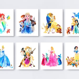 Prinzessin 8er Set Kunstdruck Prinzessin Cindrella Rapunzel Dornröschen Schnee Weiß Aquarell Malerei Prinzessin Dekor WandKunst Geschenk