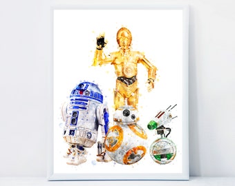 Star Wars C3-PO R2-D2 D-O Droid BB-8 Watercolor Painting Star Wars Art Print Star Wars Robots Poster Star Wars Watercolor Download Wall Art