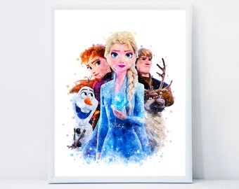 Frozen 2 Watercolor Printable Princess Anna and Elsa Print Olaf Painting Nursery Wall Decor Frozen 2 Birthday Gift Frozen Instant Download