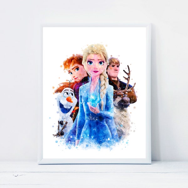 Frozen 2 Watercolor Printable Princess Anna and Elsa Print Olaf Painting Nursery Wall Decor Frozen 2 Birthday Gift Frozen Instant Download