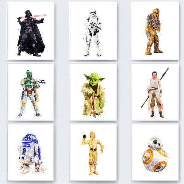 Star Wars Set de 9 acuarela imprimible Star Wars impresiones película cartel Star Wars cumpleaños regalos Star Wars pared arte decoración digital descargar