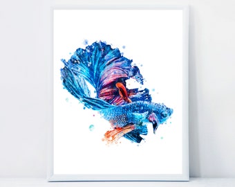 Betta Fish Print Blue Betta Fish Painting Animal Poster Wall Art Betta Fish Illustration Nursery Home Decor Animal Wall Art Digital Download