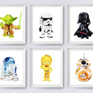 Peut inclure: Six peintures à l'aquarelle de personnages de Star Wars. Les personnages sont Yoda, Dark Vador, un Stormtrooper, R2-D2, C-3PO et BB-8.