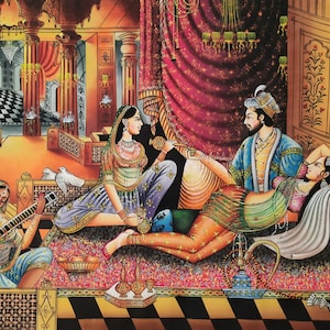 Indian miniature painting,romance painting, love scene,royal king enjoying,mughal art, indian painting