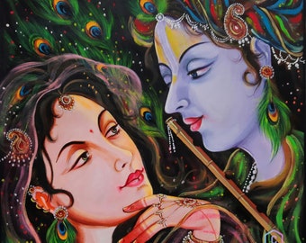 Hand Painted Radha Krishna Canvas Painting: Acrylic Art