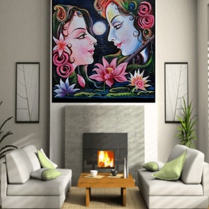 Lord Krishna and Radha Painting,Radha Krishna Painting,Canvas acrylic Painting,Indian Art,Wall Art,Canvas Art image 8