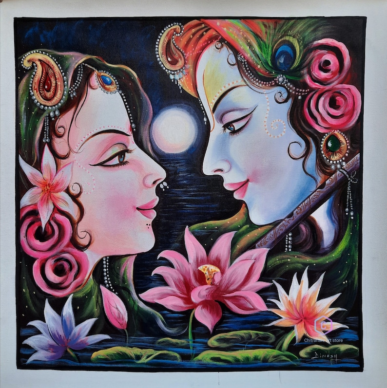 Lord Krishna and Radha Painting,Radha Krishna Painting,Canvas acrylic Painting,Indian Art,Wall Art,Canvas Art image 1