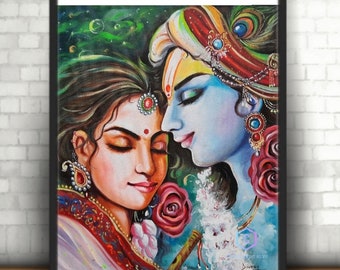 Original Radha Krishna Painting: Acrylic Art on Canvas (24x24 inches)