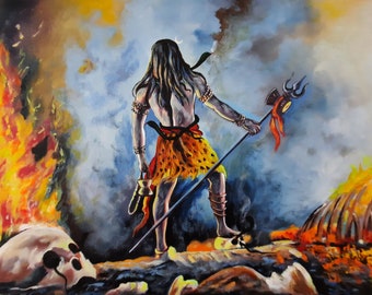 Puede incluir: Una pintura de una deidad hindú, Shiva, de pie en un paisaje de fuego. Él sostiene un tridente y una calavera, y está rodeado de llamas y humo.