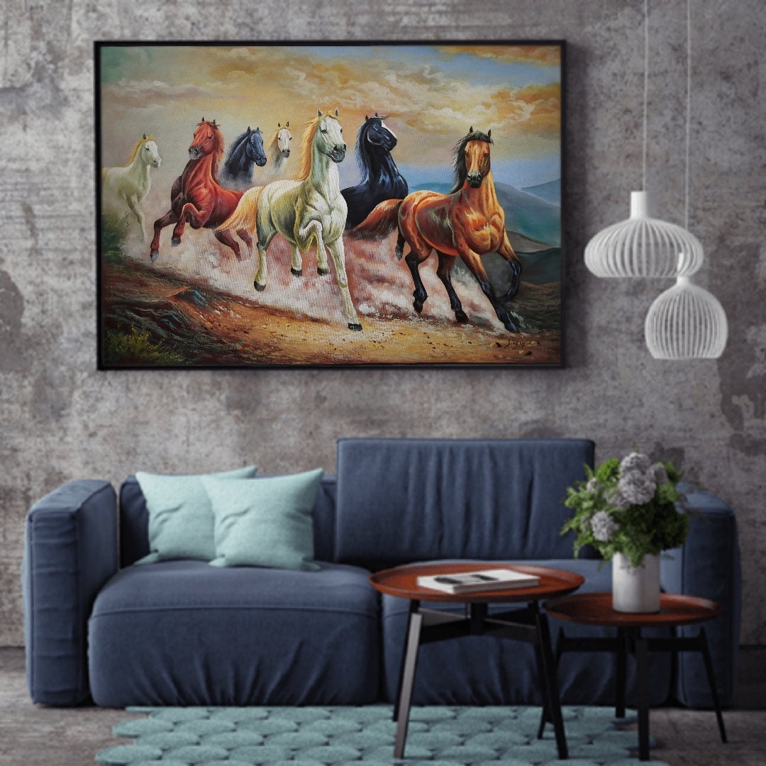 キャンバスに描かれた7頭の馬の絵、馬の絵、セヴァン馬の絵