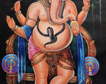 Pintura acrílica de Ganesha sobre lienzo: arte mural indio