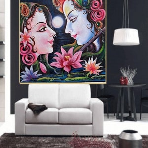 Lord Krishna and Radha Painting,Radha Krishna Painting,Canvas acrylic Painting,Indian Art,Wall Art,Canvas Art image 6