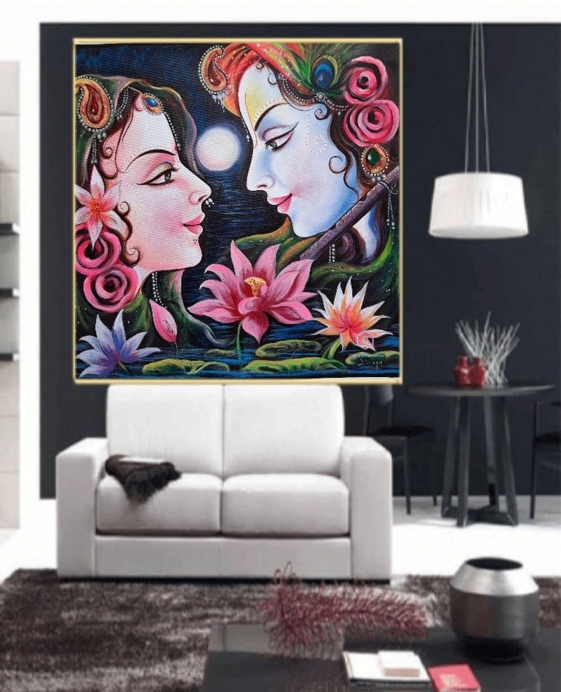 Lord Krishna and Radha Painting,Radha Krishna Painting,Canvas acrylic Painting,Indian Art,Wall Art,Canvas Art image 6