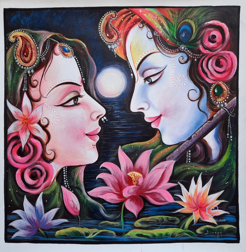 Lord Krishna and Radha Painting,Radha Krishna Painting,Canvas acrylic Painting,Indian Art,Wall Art,Canvas Art image 7