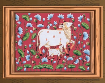 Indian traditional wall painting of cows on cloth,Hand Painted cows Painting on cloth,Royal Decorative Painting,Pichwai painting