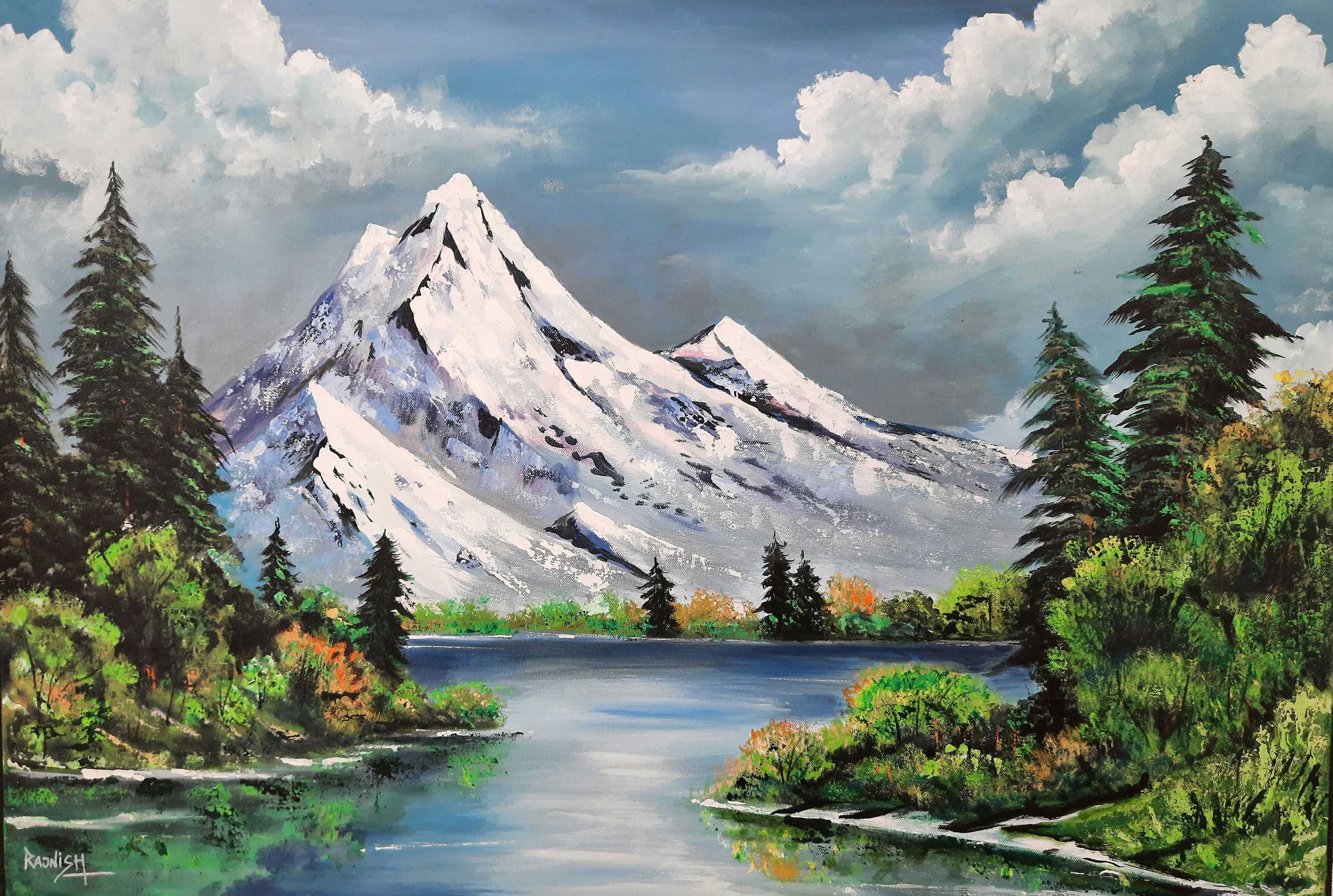 Original Mountain Lake Landscape Painting: Acrylic on Canvas Wall