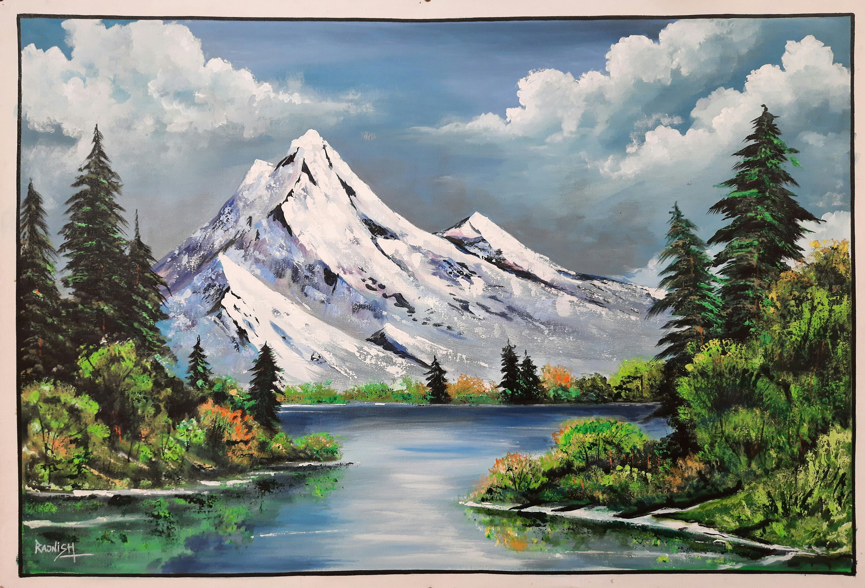 Original Mountain Lake Landscape Painting: Acrylic on Canvas Wall