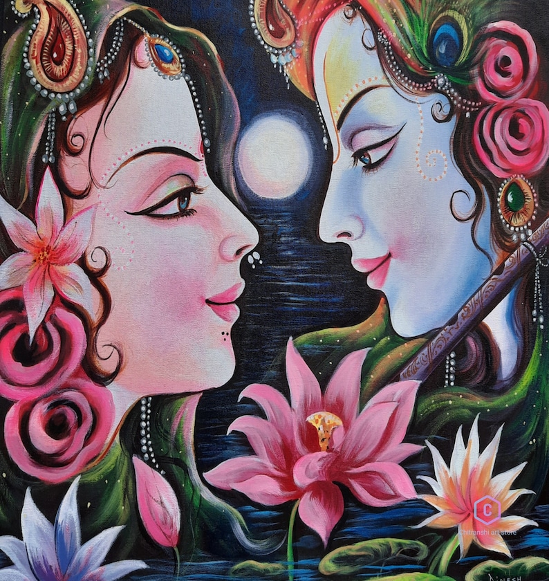 Lord Krishna and Radha Painting,Radha Krishna Painting,Canvas acrylic Painting,Indian Art,Wall Art,Canvas Art image 3