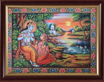 Radha Krishna Painting on Canvas: Miniature Wall Hanging