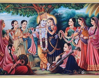Radha Krishna Gopi Painting: Hindu Art on Cotton