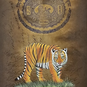 tiger painting on Old Stamp Paper,Indian fine tiger Painting,tiger painting for home decor