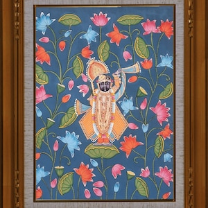 Traditional wall art painting of shrinath ji in kamal talai on cloth with natural stone colors,Indian Art,Religious Art ,Handmade painting