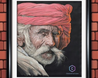 Indian men portrait painting,rajasthani men painting, turban men, Indian painting, wall decor