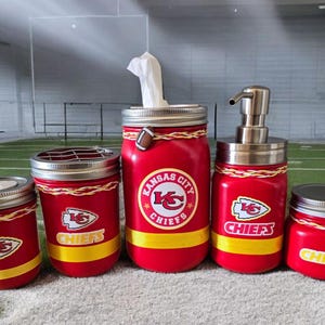 Kansas City Chiefs football Mason Jar bathroom or office set.