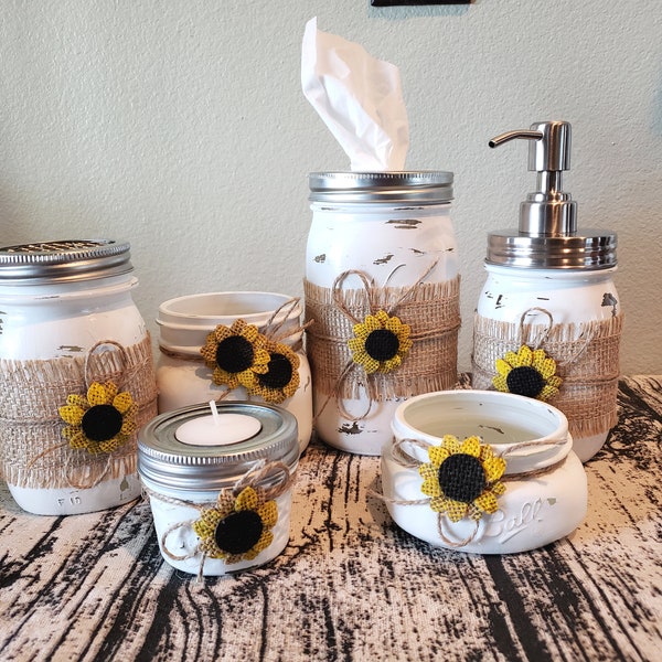 Rustic sunflower bathroom accessories, sunflower decor.