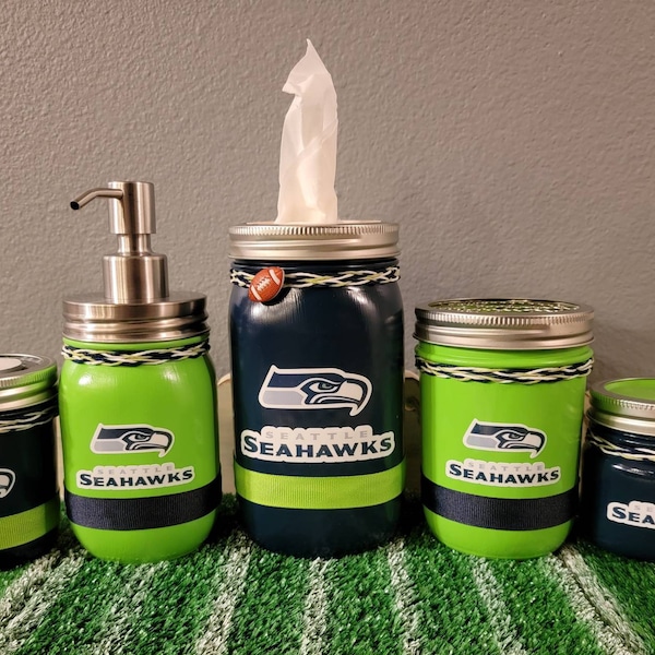 Seattle Seahawks mason jar football bathroom, office, or bedroom set.