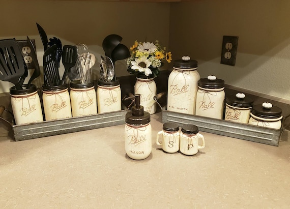 Mason Jar Kitchen Canisters Utensil Holders Salt and Pepper