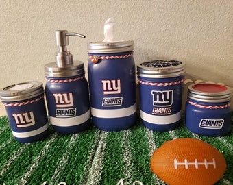 New York Giants mason jar bathroom or office set.