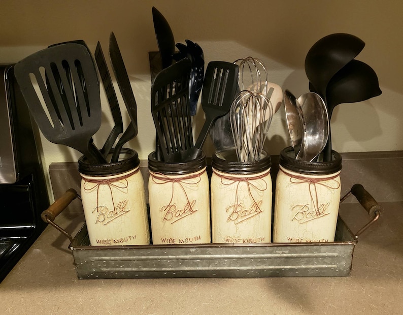 Mason Jar Kitchen Canisters Utensil Holders Salt and Pepper Etsy