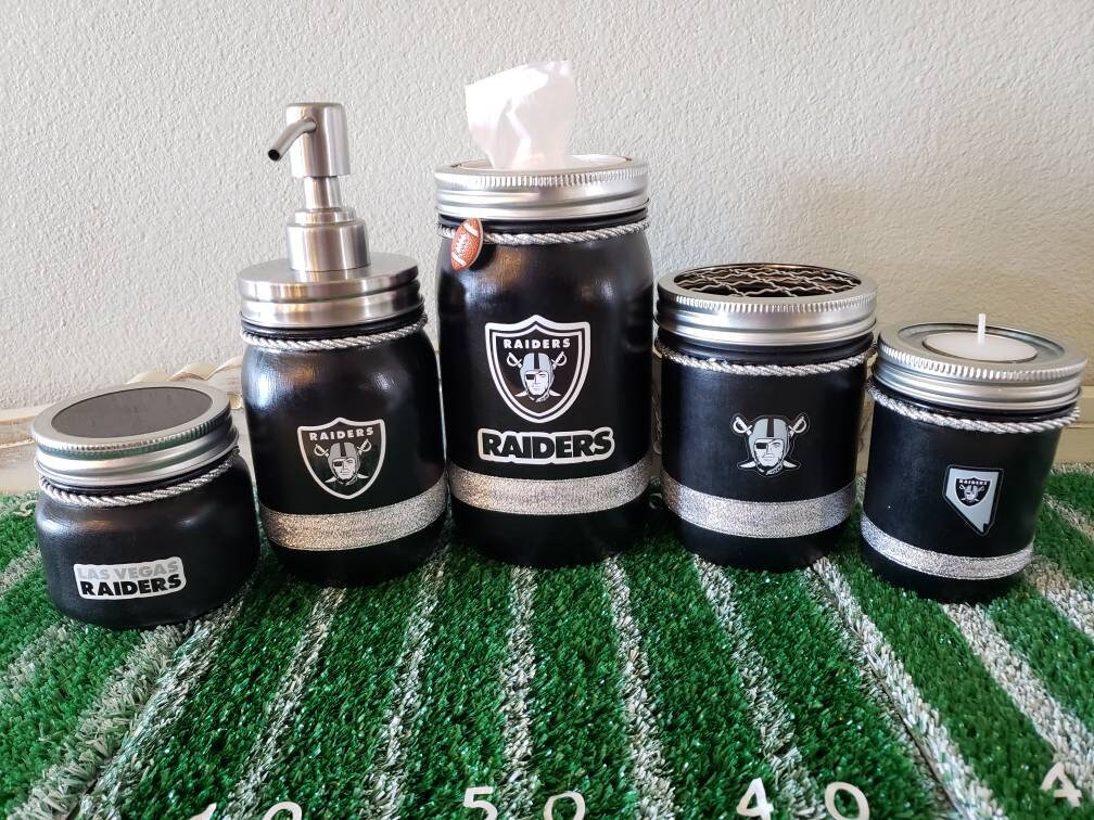Las Vegas Raiders bathroom set. Raiders office set. Mason jar | Etsy