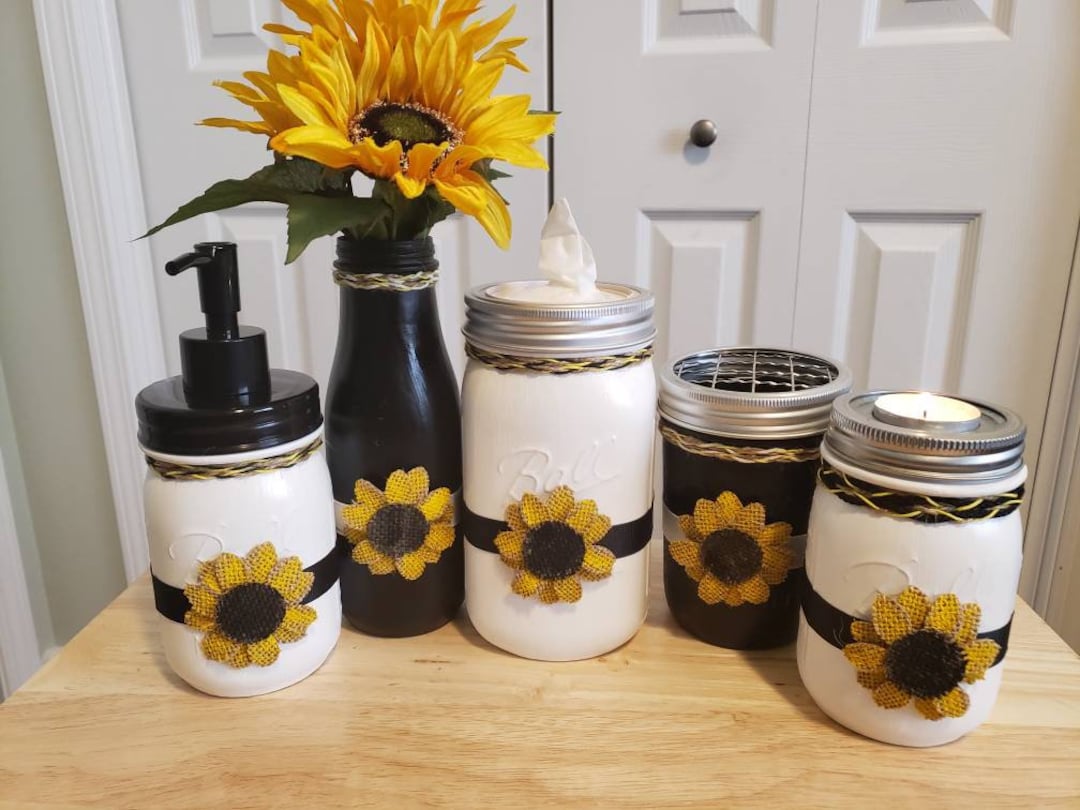 Black & White Mason Jar Sunflower Bathroom Set, Office Set, Bathroom