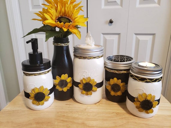 Black White Mason Jar Sunflower Bathroom Set Office Set Etsy