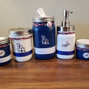 Los Angeles Dodgers baseball mason jar bathroom set, office set